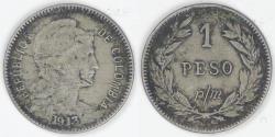 World Coins - COLOMBIA - Republic, Inflationary Coinage, 1913 AM, Peso, Very Fine