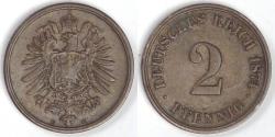 World Coins - GERMANY - Empire, Wilhelm I, 1874 C, 2 Pfennig, Extra Fine
