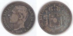World Coins - SPAIN - Kingdom, Alfonso XII, 1881 (81) MS-M, 50 Centesimos, Choice Fine