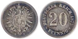 World Coins - GERMANY - Empire, Wilhelm I, 1875 J, 20 Pfennig, Choice Very Fine color!