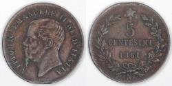 World Coins - ITALY - Kingdom, Vittorio Emmanuel II, 1861 N, 5 Centesimi, Very Fine