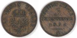 World Coins - GERMANY - Prussia, Friedrich Wilhelm IV, 1854 A, 3 Pfennige, Extra Fine