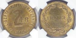 World Coins - FRANCE - Republic, Allied Issue in ALGERIA,  1944 (P), 2 Francs, graded MS-64 by NGC