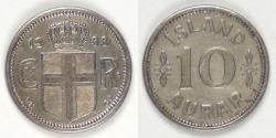 World Coins - ICELAND - Kingdom, Christian X, 1933 ♥N; GJ, 10 Aurar, Almost Uncirculated