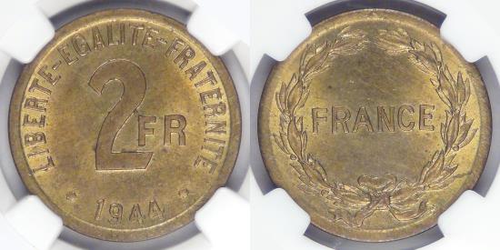 World Coins - FRANCE - Republic, Allied Issue in ALGERIA,  1944 (P), 2 Francs, graded MS-64 by NGC