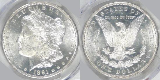 US Coins - 1891-S Morgan Dollar, MS-63 PCGS