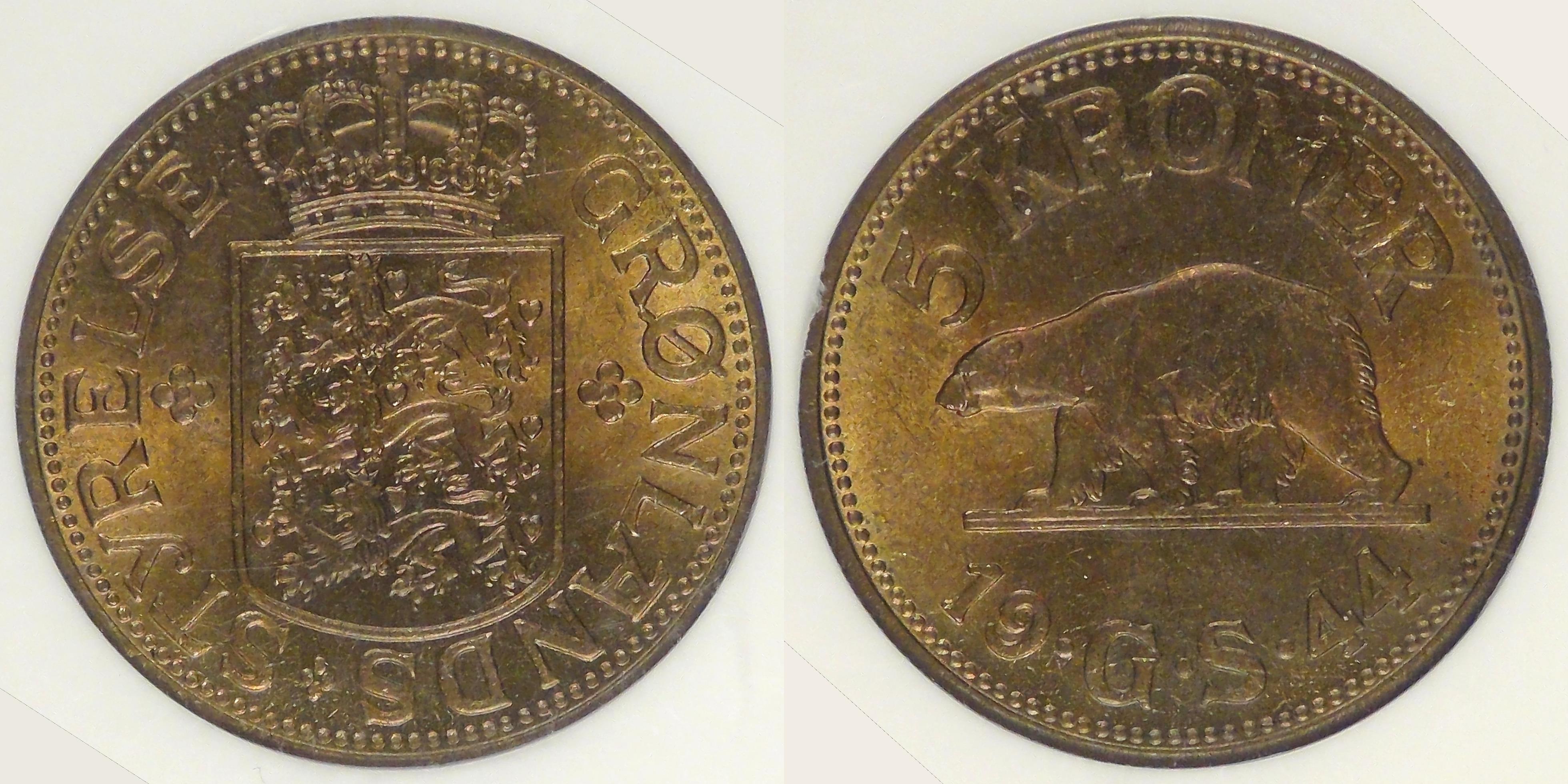 GREENLAND - Danish Colony, Christian X, 1944 (P), 5 Kroner graded