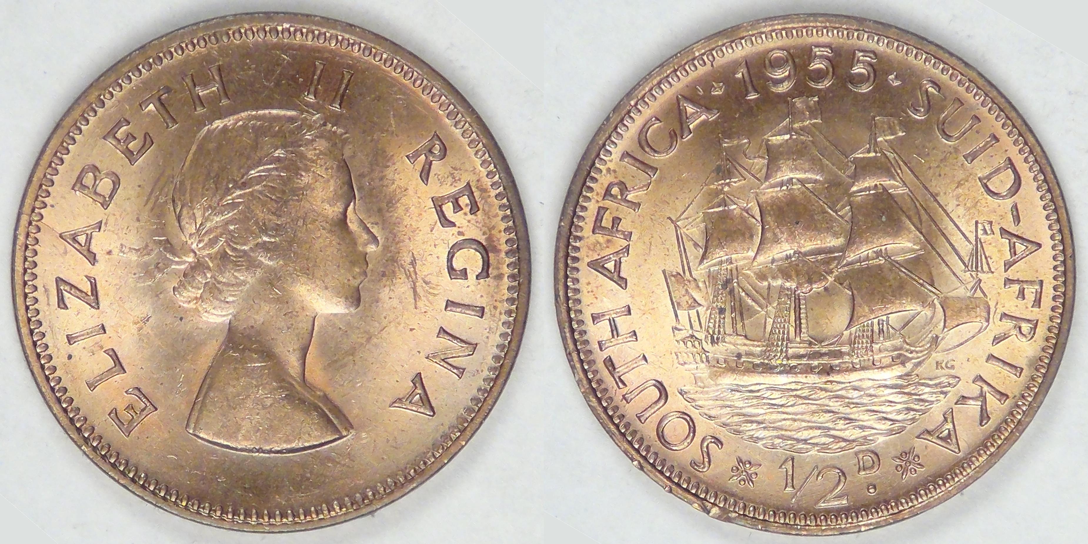 SOUTH AFRICA - Union, Elizabeth II, 1955, 1/2 Penny, Choice BU