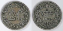 World Coins - ITALY - Kingdom, Umberto I, 1895 R, 20 Centesimi, Choice Very Fine