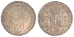 World Coins - SPAIN, Amadeo I, 1871 (71) SDM, 5 Pesetas, Extra Fine
