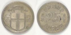 World Coins - ICELAND - Kingdom, Christian X, 1925 ♥HCN; GJ, 25 Aurar, Choice AU