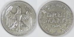World Coins - GERMANY - Weimar Republic, 1924 G, 3 Mark, Very Fine details