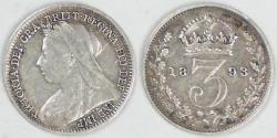 World Coins - GREAT BRITAIN, Victoria, 1893, 3 Pence, Very Fine