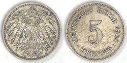 World Coins - GERMANY - Empire, Wilhelm II, 1904 E, 5 Pfennig, Extra Fine
