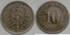 World Coins - GERMANY - Empire, Wilhelm I, 1874 E, 10 Pfennig, Extra Fine