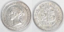 World Coins - CEYLON - British Colony, Victoria, 1893, 25 Cents, Extra Fine / AU