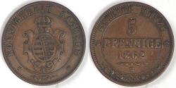World Coins - GERMANY - Kingdom of Saxony, Johann I, 1862 B, 5 Pfennige, Very Fine