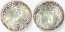 World Coins - SWITZERLAND, 1951 B, 5 Francs, Choice AU