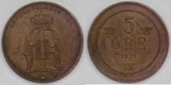 World Coins - SWEDEN, Oscar II, 1879, 5 Ore, Almost Uncirculated