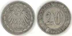 World Coins - GERMANY - Empire, Wilhelm II, 1892 A, 20 Pfennig, Very Fine