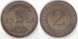 World Coins - GERMANY - Weimar Republic, 1924 A, 2 Rentenpfennig, Choice BU BN