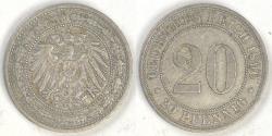 World Coins - GERMANY - Empire, Wilhelm II, 1890 A, 20 Pfennig, Very Fine +