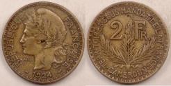 World Coins - CAMEROON - French Mandate, 1924 (a), 2 Francs, Very Fine / Extra Fine