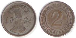 World Coins - GERMANY - Weimar Republic, 1924 A, 2 Reichspfennig, Choice AU BN