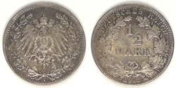 World Coins - GERMANY - Empire, 1918 J, Wilhelm II, ½ Mark, Choice AU to Unc