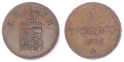 World Coins - GERMANY - Kingdom of Saxony, Friedrich August II, 1842 G, Pfennig, Very Fine