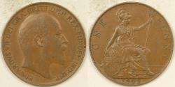 World Coins - GREAT BRITAIN, Edward VII, 1908 Penny, Extra Fine / AU