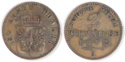 World Coins - GERMANY - Prussia, Wilhelm I, 1862 A, 2 Pfennige, Very Fine