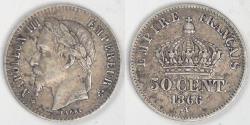 World Coins - FRANCE - 2nd Empire, Napoleon III, 1866 A, 50 Centimes, about Extra Fine