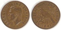 World Coins - NEW ZEALAND - State, George VI, 1941 Penny, Choice EF