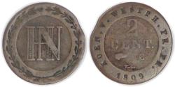 World Coins - GERMANY - Kingdom of Wesphalia, Jérôme Bonaparte, 1809 C, 2 Centimes, Fine+