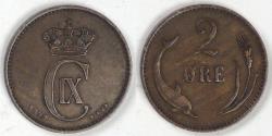 World Coins - DENMARK, Christian IX, 1899 ♥ VBP, 2 Øre, Choice Extra Fine