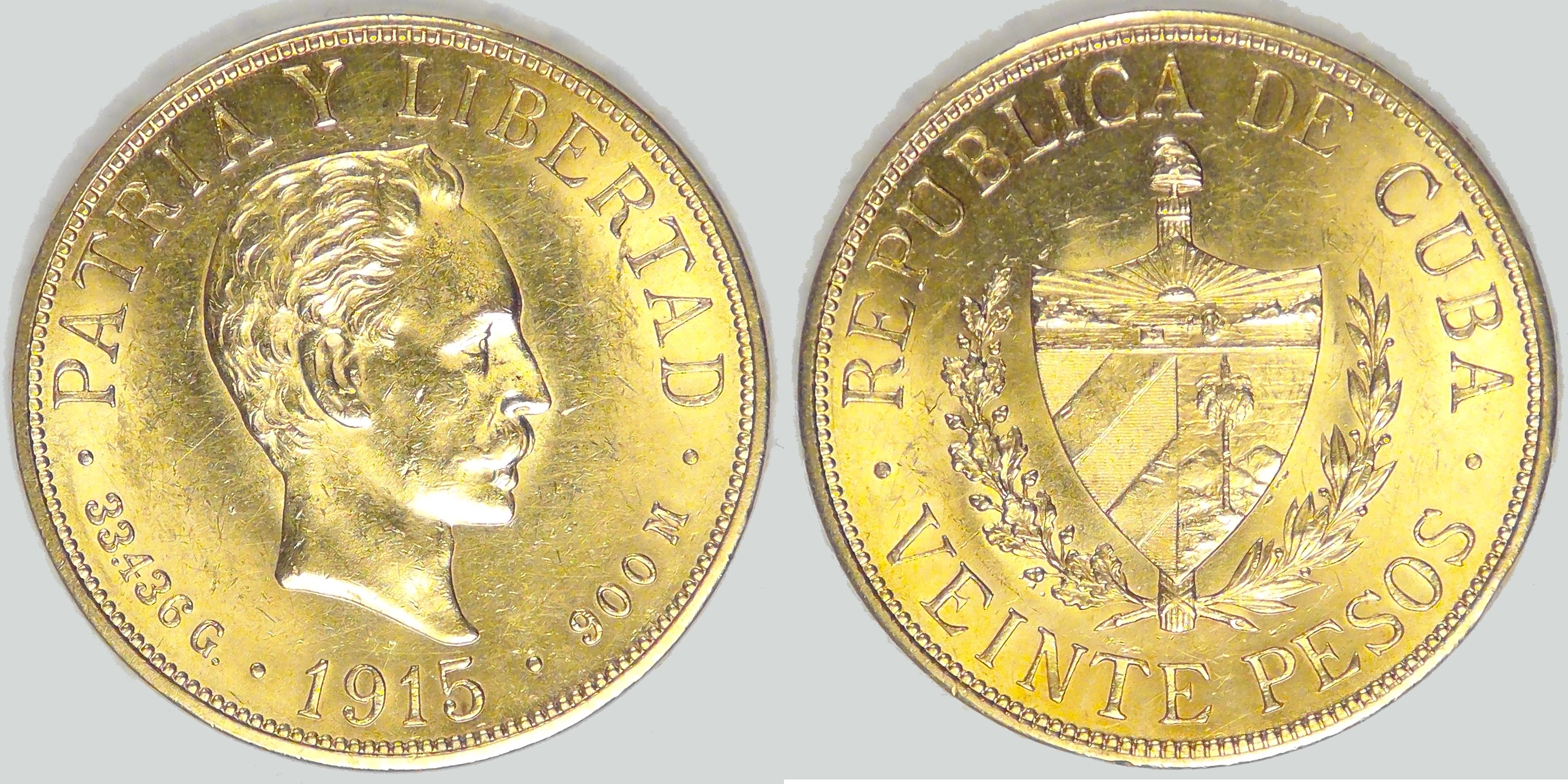 CUBA 1st Republic 1915 P 20 Pesos Choice AU North