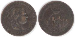 World Coins - SPAIN - Kingdom, Isabel II, 1868 OM, 2½ Centimos de Escudo, Extra Fine