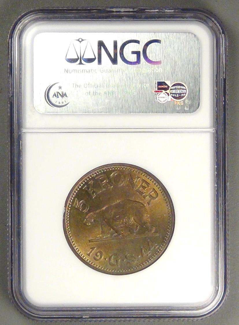 GREENLAND - Danish Colony, Christian X, 1944 (P), 5 Kroner graded