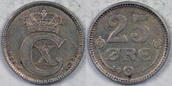 World Coins - DENMARK, Christian X, 1919 (h), 25 Ore, Extra Fine