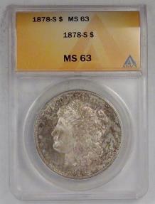 US Coins - 1878-S Morgan Dollar graded MS-63 by ANACS