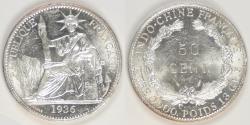 World Coins - FRENCH INDO-CHINA - French Colony, 1936 50 Centimes, Brilliant Uncirculated