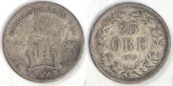 World Coins - SWEDEN, Oscar II, 1876, 25 Öre, Very Good / Fine