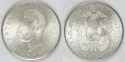 World Coins - ECUADOR - Republic, 1943 Mo, 5 Sucres, Choice BU
