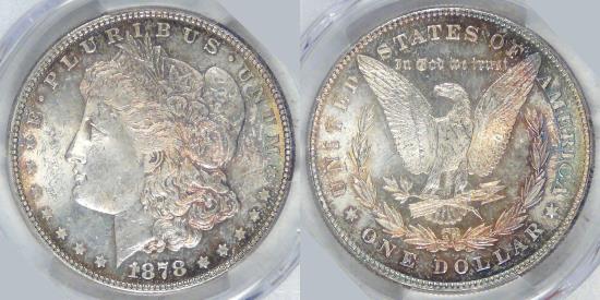 US Coins - 1878 7TF rev of 78 Morgan Dollar, MS-64 PCGS nice color