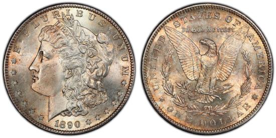 US Coins - 1890-S Morgan Dollar graded MS-64 by PCGS color