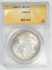 US Coins - 1886 Morgan Dollar graded MS-63 by ANACS rev color