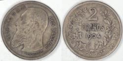 World Coins - BELGIUM, Leopold II, 1904, 2 Francs (2 Frank), about Very Fine