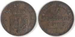 World Coins - GERMANY - Prussia, Wilhelm I, 1862 A, 3 Pfennige, Choice Very Fine