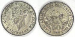 World Coins - EAST AFRICA - British Colony, George VI, 1944 SA, 50 Cents, Almost Uncirculated